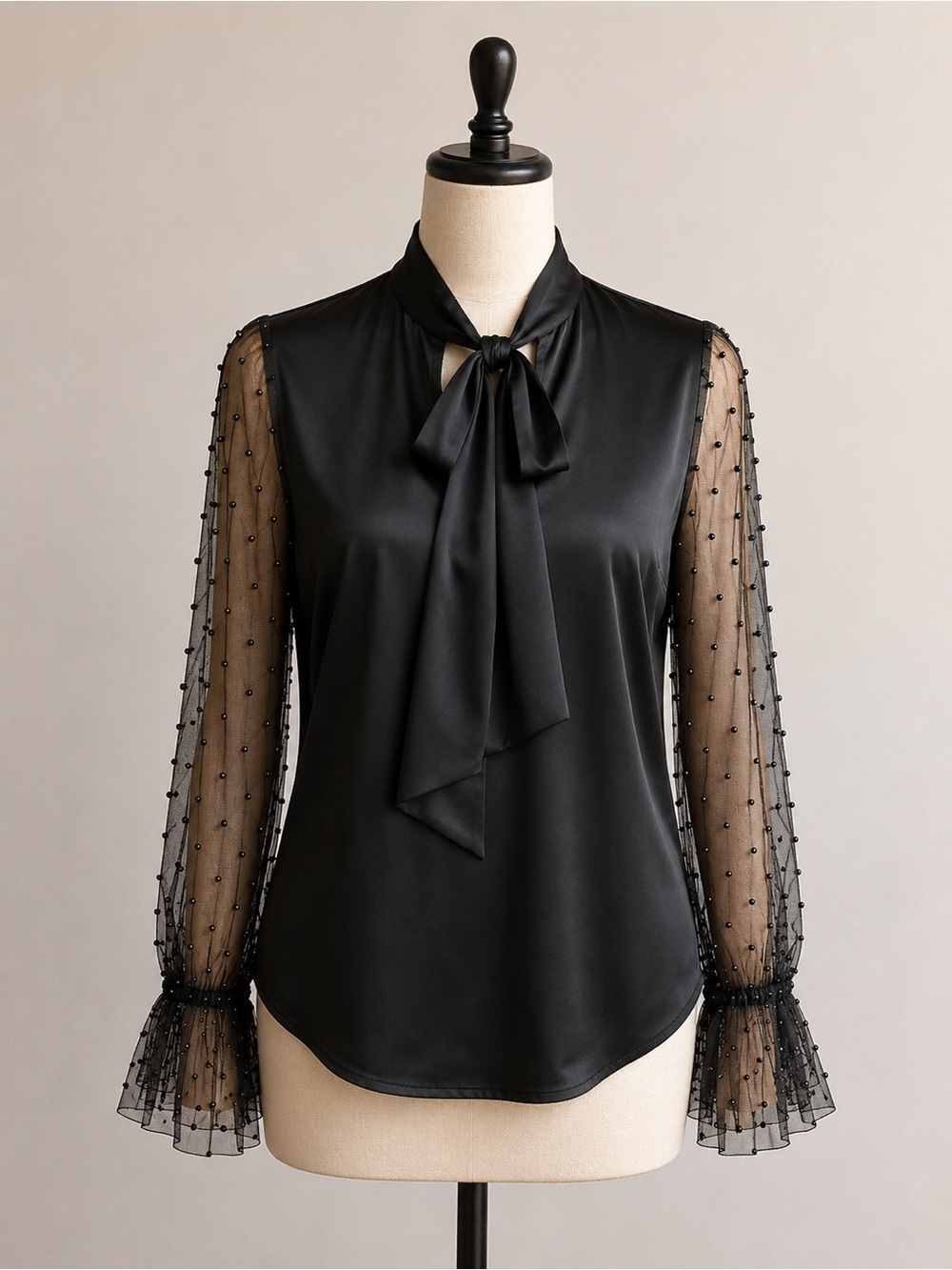 Black Blouse with Pearl Mesh Sleeves – Size L